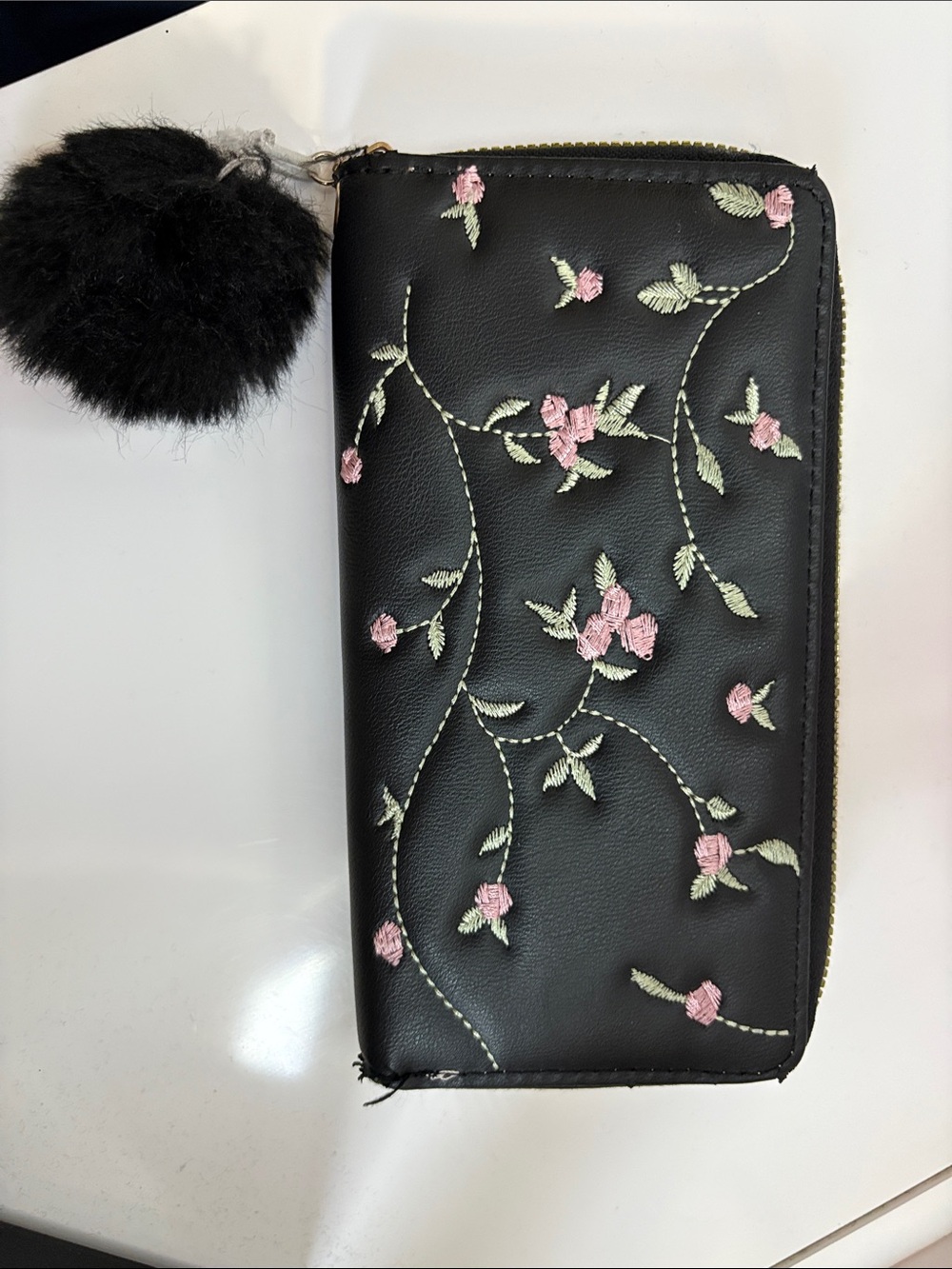 Black Floral Embroidered Zip Wallet with Pom Pom
